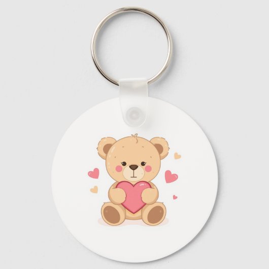 Cute Teddy Bear Holding Heart – Valentine Love Ill キーホルダー (正面)