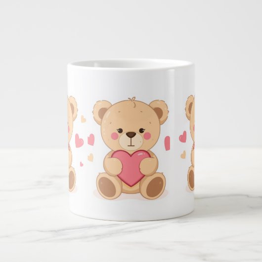 Cute Teddy Bear Holding Heart – Valentine Love Ill ジャンボコーヒーマグカップ (正面)
