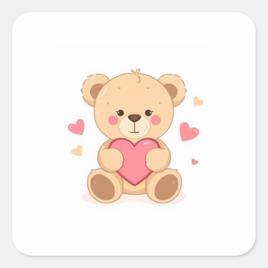 Cute Teddy Bear Holding Heart – Valentine Love Ill スクエアシール (正面)
