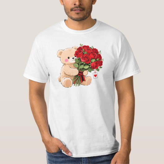 Cute Teddy Bear Holding Valentine Roses Tシャツ (正面)