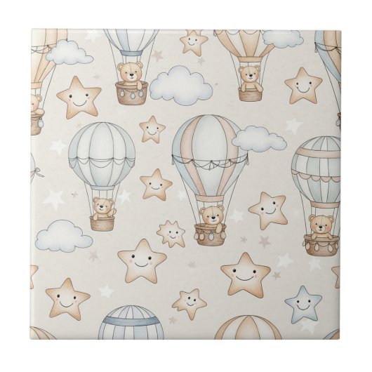 Cute Teddy Bear Hot Air Balloon Neutral Pattern 1 タイル (正面)