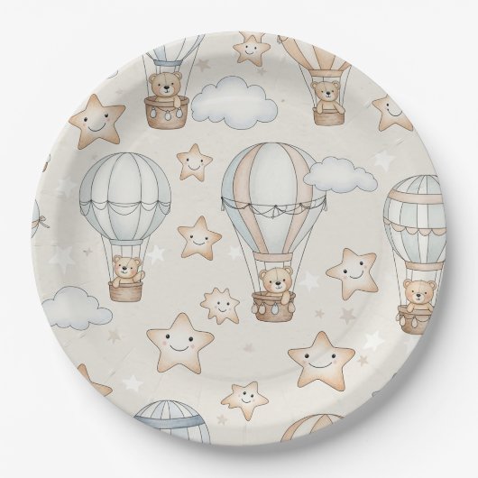 Cute Teddy Bear Hot Air Balloon Neutral Pattern 1 ペーパープレート (正面)