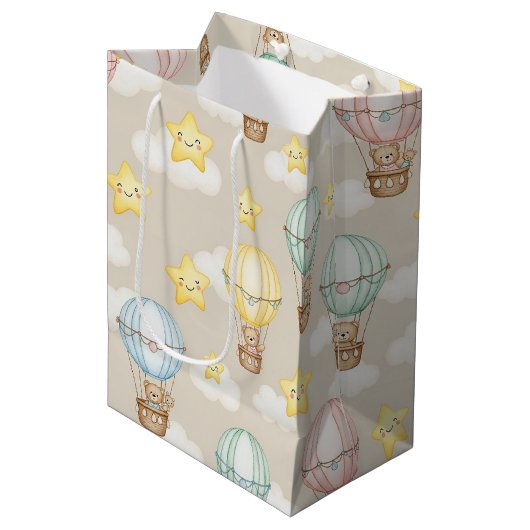 Cute Teddy Bear Hot Air Balloon Neutral Pattern 1 ミディアムペーパーバッグ (正面アングル)