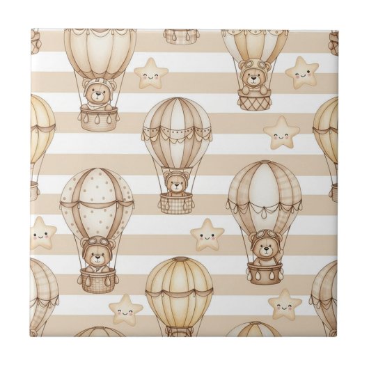 Cute Teddy Bear Hot Air Balloon Neutral Pattern 2 タイル (正面)