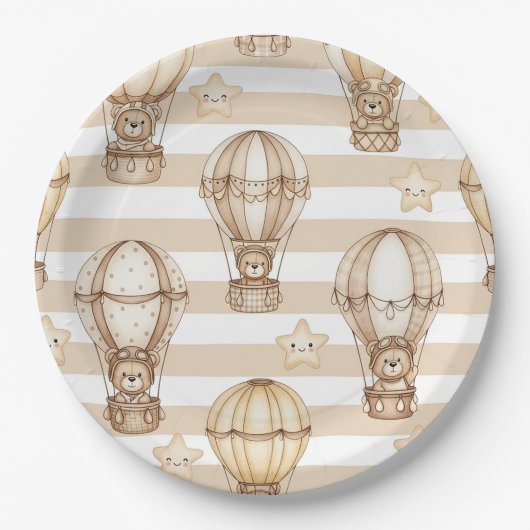 Cute Teddy Bear Hot Air Balloon Neutral Pattern 2 ペーパープレート (正面)