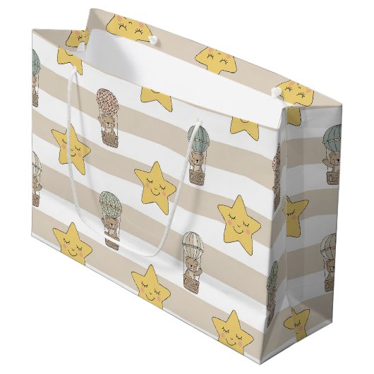 Cute Teddy Bear Hot Air Balloon Neutral Pattern 2 ラージペーパーバッグ (正面アングル)