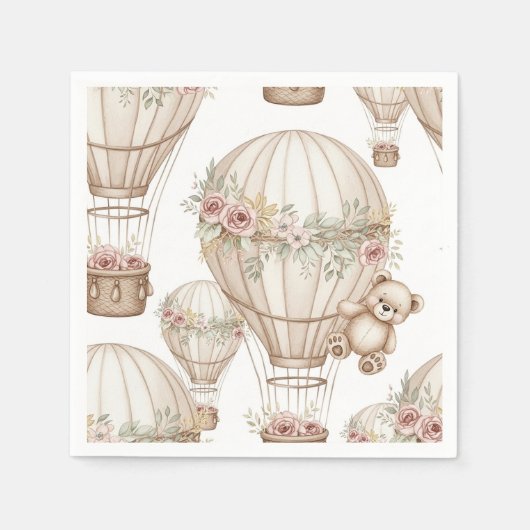 Cute Teddy Bear Hot Air Balloon Neutral Pattern 3 スタンダードカクテルナプキン (正面)