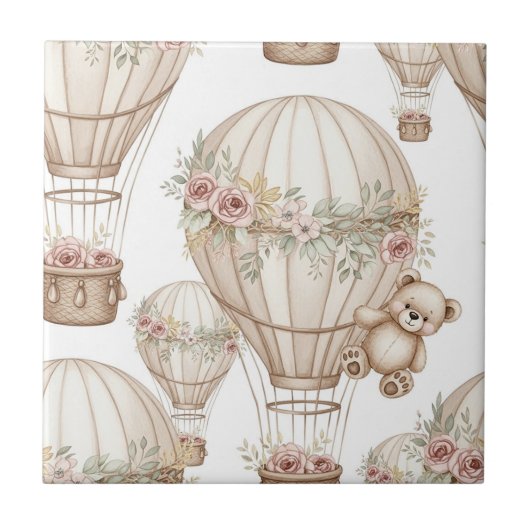 Cute Teddy Bear Hot Air Balloon Neutral Pattern 3 タイル (正面)