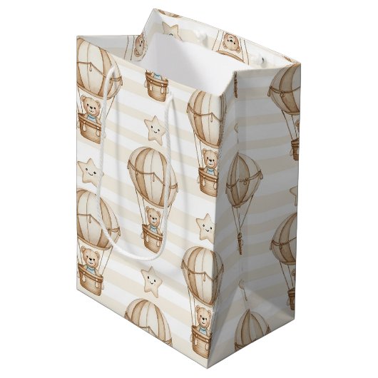 Cute Teddy Bear Hot Air Balloon Neutral Pattern 4 ミディアムペーパーバッグ (正面アングル)