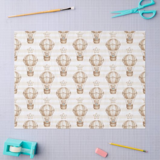 Cute Teddy Bear Hot Air Balloon Neutral Pattern 4 薄葉紙 (クラフト)