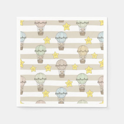 Cute Teddy Bear Hot Air Balloon Neutral Pattern 6 スタンダードカクテルナプキン (正面)