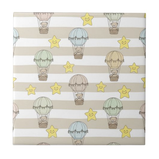 Cute Teddy Bear Hot Air Balloon Neutral Pattern 6 タイル (正面)