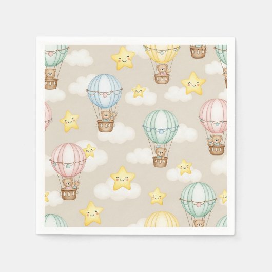 Cute Teddy Bear Hot Air Balloon Neutral Pattern 7 スタンダードカクテルナプキン (正面)