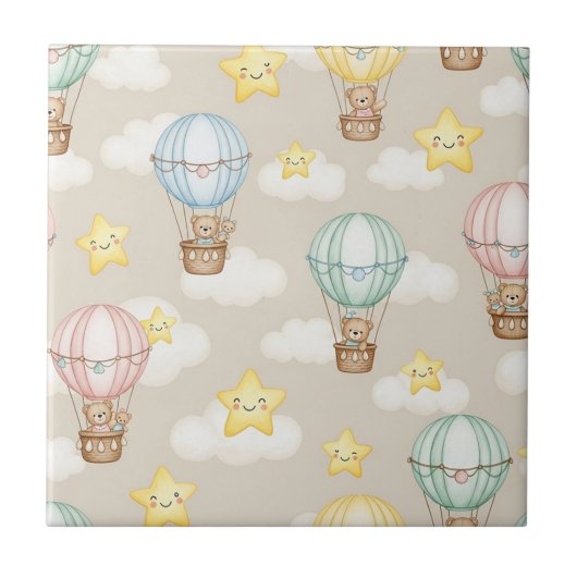 Cute Teddy Bear Hot Air Balloon Neutral Pattern 7 タイル (正面)
