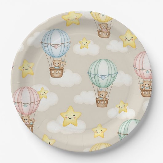 Cute Teddy Bear Hot Air Balloon Neutral Pattern 7 ペーパープレート (正面)