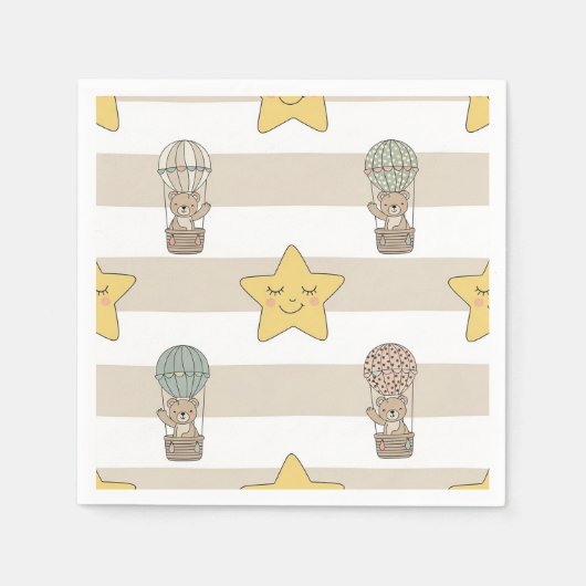 Cute Teddy Bear Hot Air Balloon Neutral Pattern 8 スタンダードカクテルナプキン (正面)