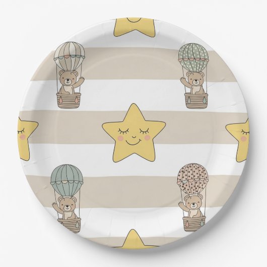 Cute Teddy Bear Hot Air Balloon Neutral Pattern 8 ペーパープレート (正面)