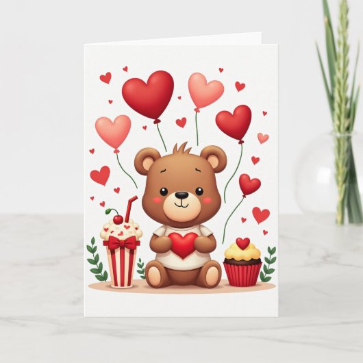 Cute Teddy Bear Love Hearts Card カード (正面)