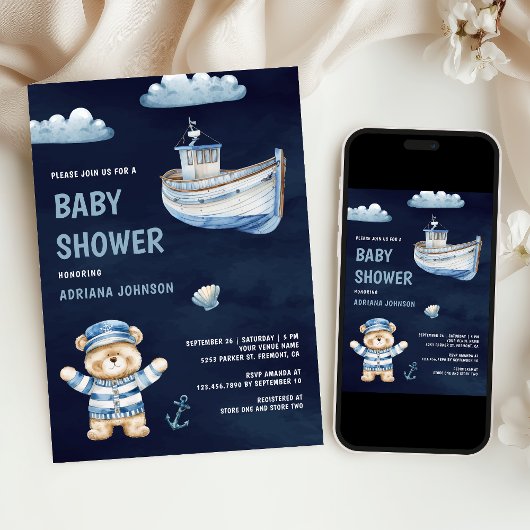 Cute Teddy Bear Nautical Boat Navy Baby Shower 招待状
