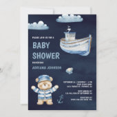 Cute Teddy Bear Nautical Boat Navy Baby Shower 招待状 (正面)