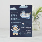 Cute Teddy Bear Nautical Boat Navy Baby Shower 招待状 (スタンド正面)