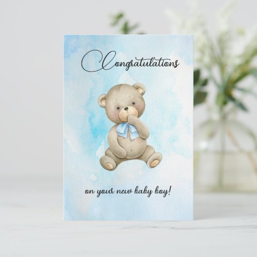 Cute Teddy bear new baby boy congratulations cards (スタンド正面)