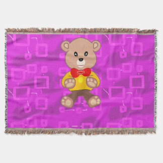 Cute Teddy Bear on Pink Geometric  スローブランケット