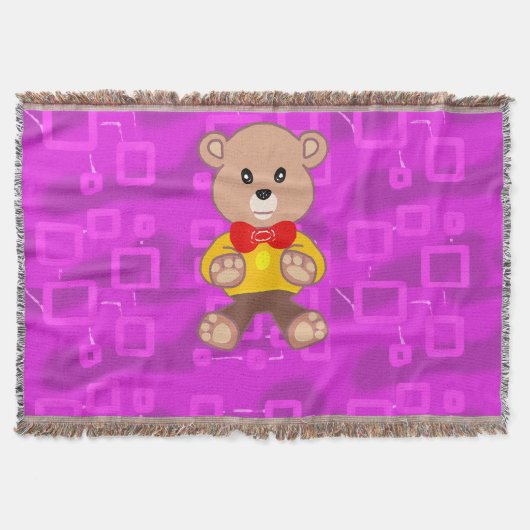 Cute Teddy Bear on Pink Geometric  スローブランケット (正面)