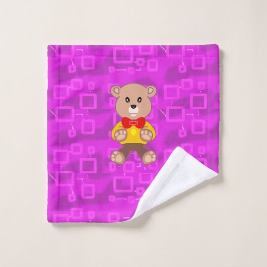 Cute Teddy Bear on Pink Geometric バスタオルセット (ウォッシュタオル)