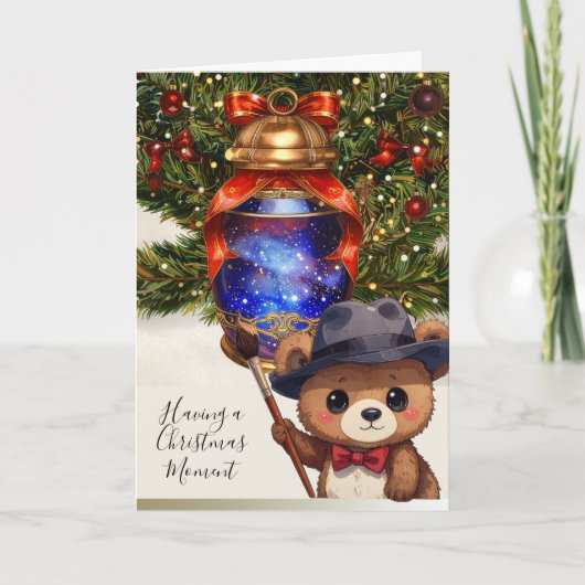 Cute Teddy Bear Painting A Christmas Tree Lantern シーズンカード (正面)