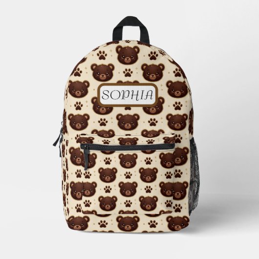 Cute Teddy Bear & Paw Print Pattern Backpack プリントバックパック (正面)