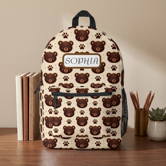 Cute Teddy Bear & Paw Print Pattern Backpack プリントバックパック