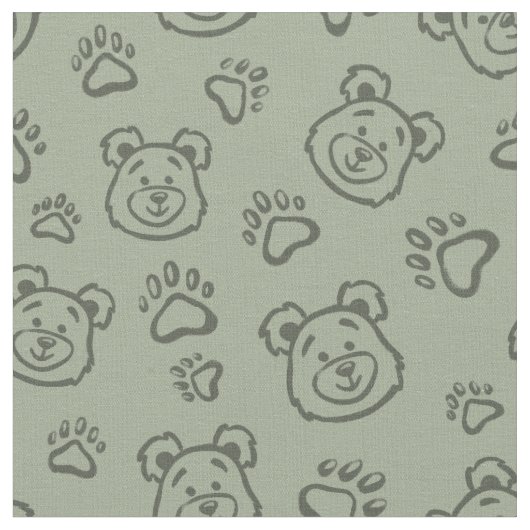 Cute Teddy Bear Paws Boho Boy Baby Kids Sage Green ファブリック (クローズアップ)