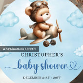 Cute Teddy Bear Pilot Airplane Blue Brown Baby  ラウンドシール