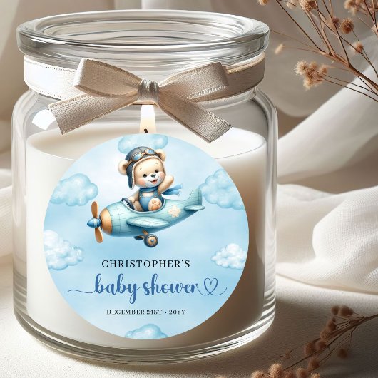 Cute Teddy Bear Pilot Airplane Blue Brown Baby  ラウンドシール