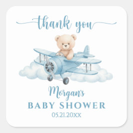Cute Teddy Bear Pilot Baby Shower Thank You スクエアシール