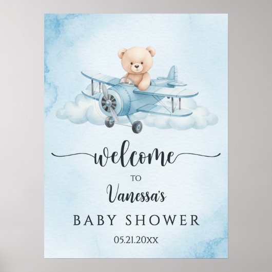 Cute Teddy Bear Pilot Baby Shower Welcome ポスター (正面)