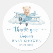 Cute Teddy Bear Pilot Blue Baby Shower Thank You ラウンドシール (正面)