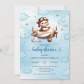 Cute Teddy Bear Pilot Blue Brown Baby Shower 招待状 (正面)