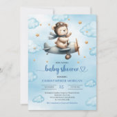 Cute Teddy Bear Pilot Blue Gold Boy Shower Invites 招待状 (正面)