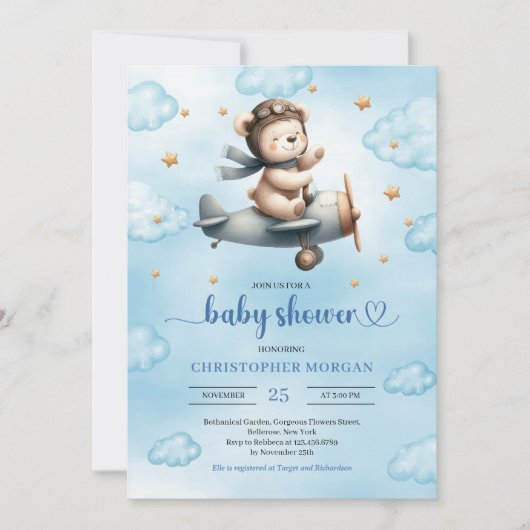 Cute Teddy Bear Pilot Blue Gold Boy Shower Invites 招待状 (正面)