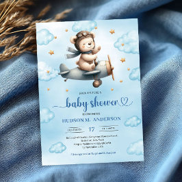 Cute Teddy Bear Pilot Blue Gold Boy Shower Invites 招待状
