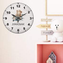 Cute Teddy Bear Pilot in a Sky Adventure ラージ壁時計