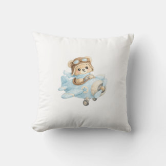 Cute Teddy Bear Pilot in Blue Airplane | Adorable クッション