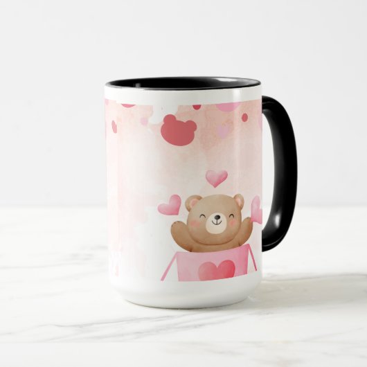 ​Cute Teddy Bear & Pink Hearts Coffee Mug マグカップ (正面右)