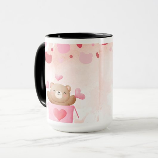 ​Cute Teddy Bear & Pink Hearts Coffee Mug マグカップ (正面左)