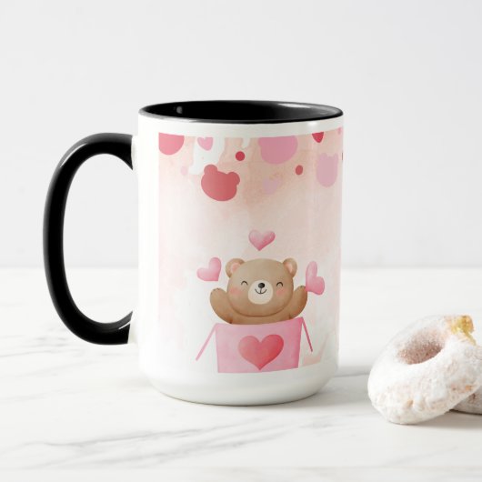 ​Cute Teddy Bear & Pink Hearts Coffee Mug マグカップ (ドーナツ付き)
