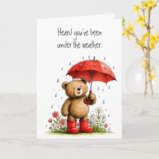Cute Teddy Bear Red Galoshes Get Well Soon カード (黄色い花)