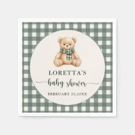 Cute Teddy Bear Rustic Green Plaid Baby Shower  スタンダードカクテルナプキン