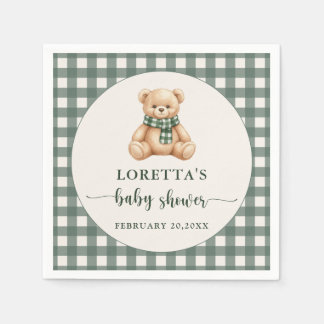 Cute Teddy Bear Rustic Green Plaid Baby Shower  スタンダードカクテルナプキン